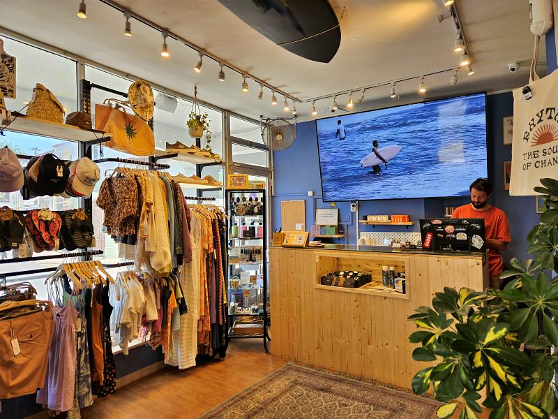 view of clothing range and counter at Jah Shaka Surf Shop
