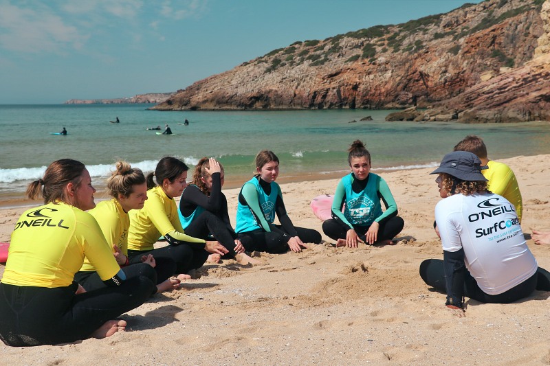 Surf Lesson introduction on the beach, people sitting on the sand